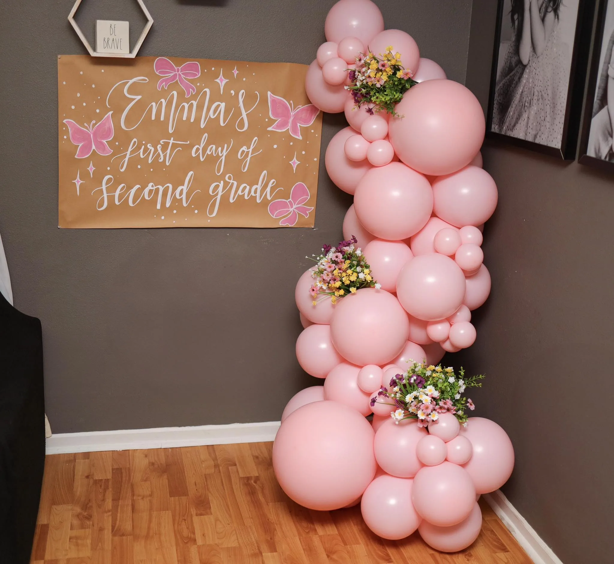 Pink balloon column with florals